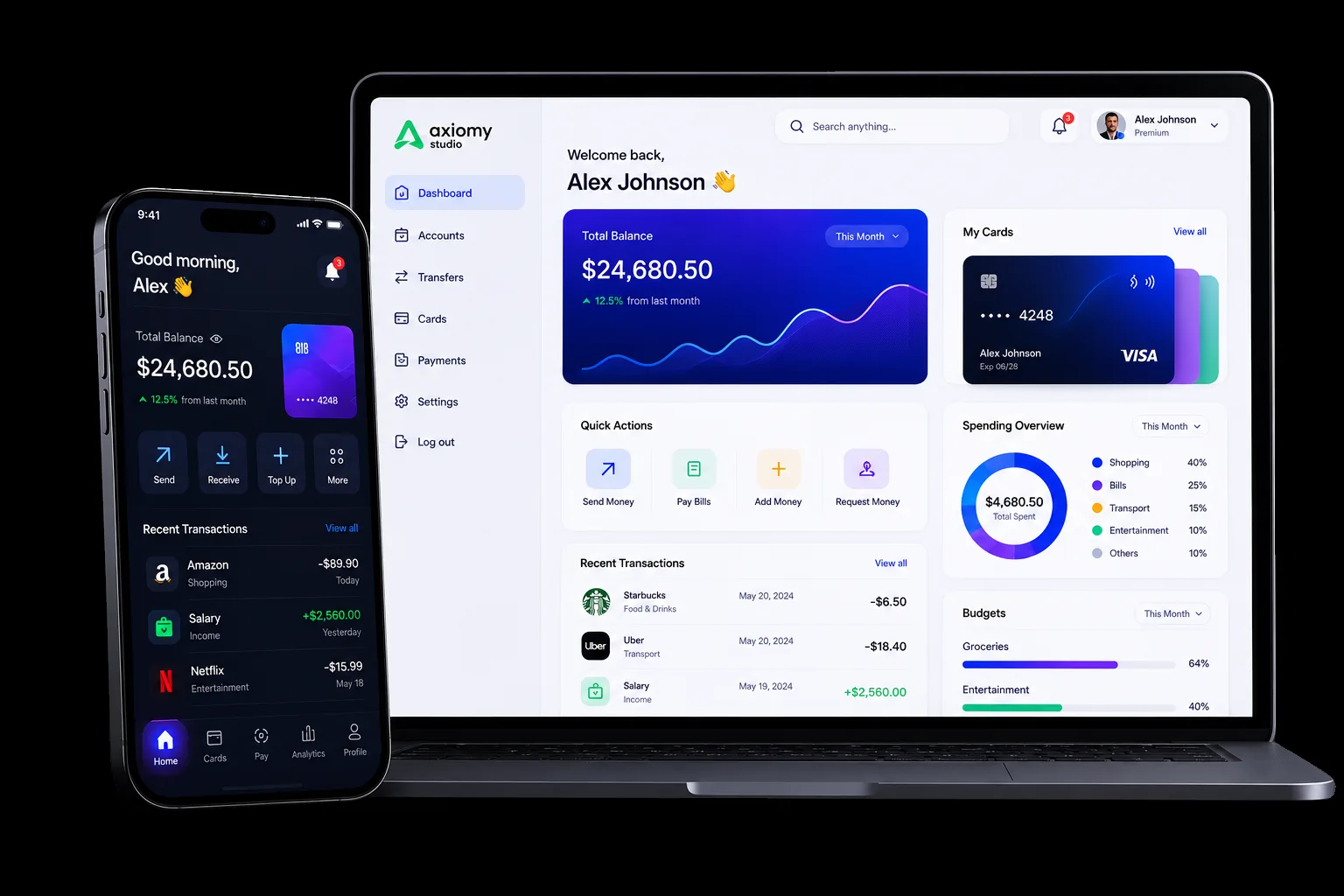Axiomy banking product — web dashboard and mobile app